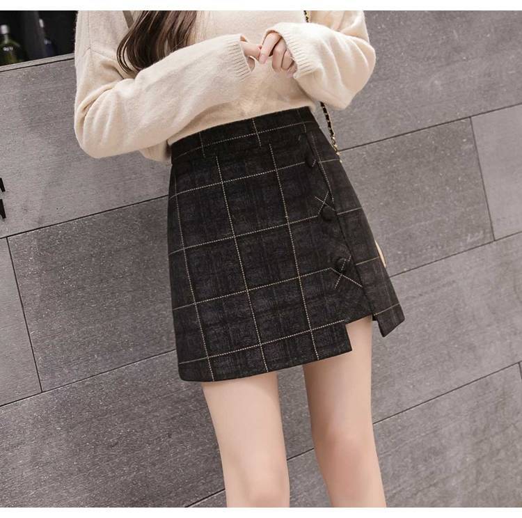 Plaid Skirt Women Irregular Woolen Short Skirt