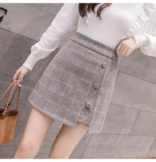 Plaid Skirt Women Irregular Woolen Short Skirt
