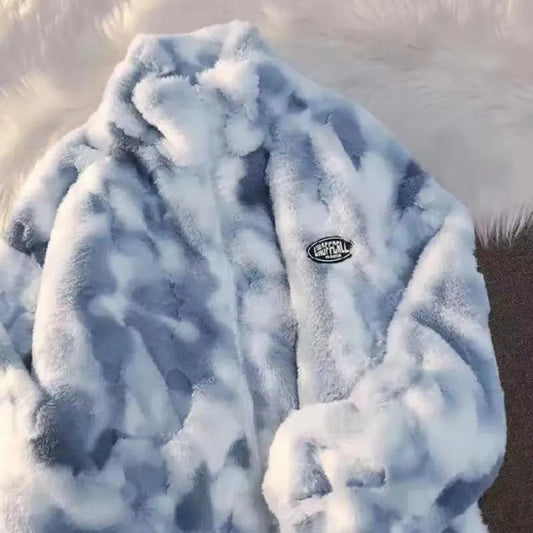 Tie Dye Lamb Wool Jacket Women Plush Thick Warm Coat Harajuku Autumn Winter