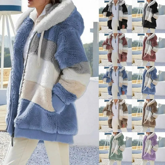 Women's Hooded Jacket, Autumn Winter Pocket Plush Warm Coat
