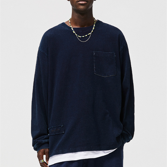 Men's Blue Dyed Knitted Denim Long Sleeve T-shirt Pocket Decoration Wash Water Top